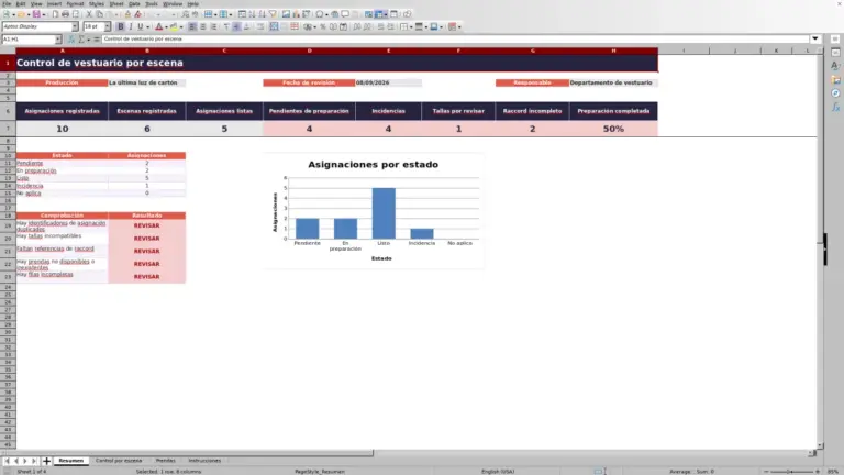 Vista previa de Plantilla Excel gratis de vestuario por escena 2026