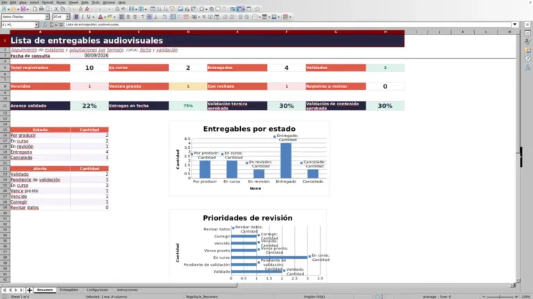Vista previa de Plantilla Excel gratis de entregables audiovisuales 2026