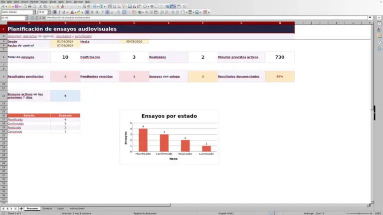 Vista previa de Plantilla Excel gratis para ensayos audiovisuales 2026