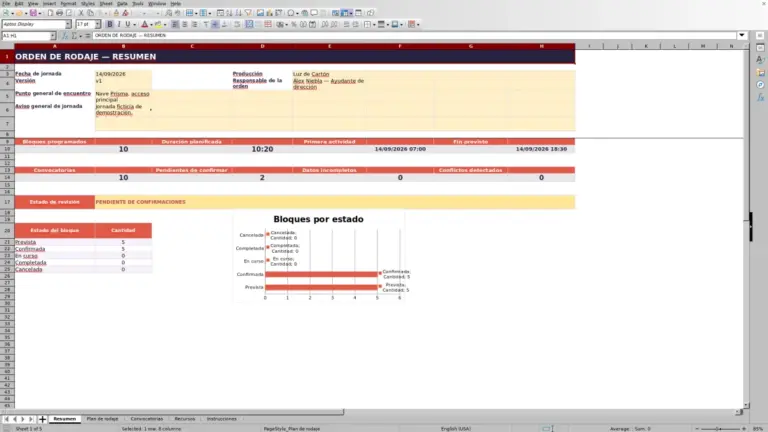 Vista previa de Plantilla de orden de rodaje Excel gratis 2026